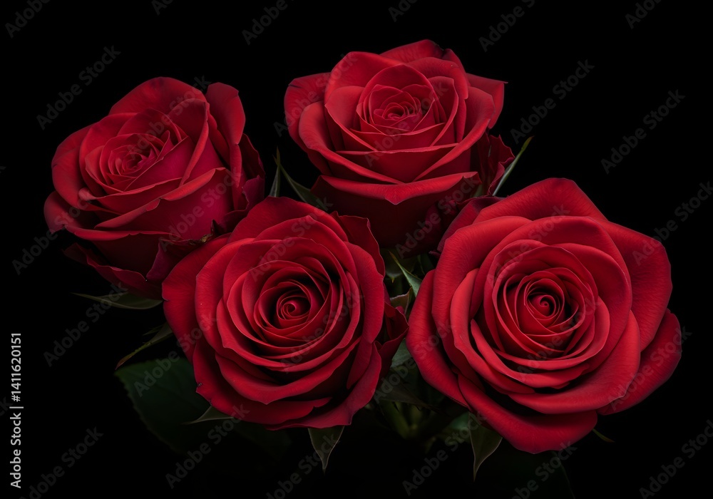 Fototapeta premium Red Roses with Elegant Petals and Green Leaves