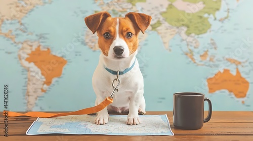 A cute dog sits on a map, ready for adventure, with a coffee mug nearby and a colorful world map in the background.