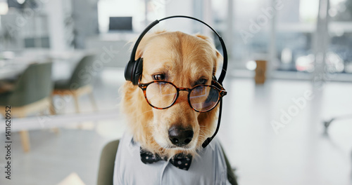 Canvas Print Headset, spectacles and dog call center agent for dress up or funny role play for customer service