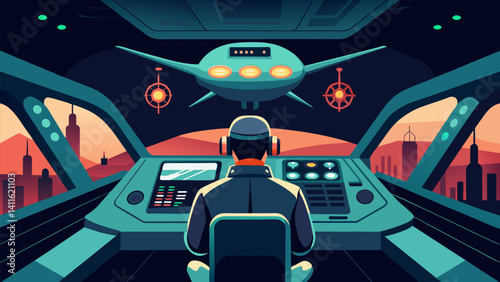 The advanced control panel inside the pit illuminates as the pilot expertly maneuvers the eVTOL upwards with precision.. Vector illustration