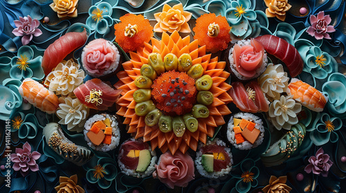 Intricate Shot Sushi Top-Down Arrangement Artistic photo