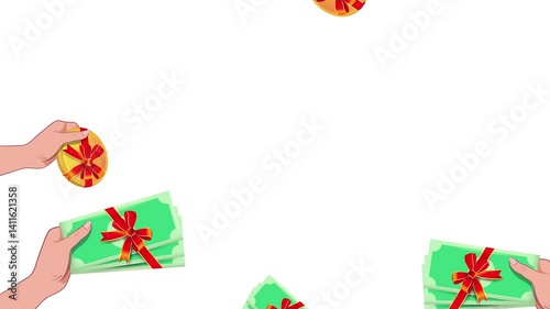 The hand holds the cash. Gift, accumulation, donation. Animation