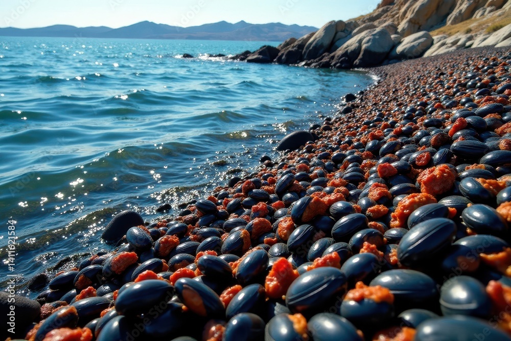 Obraz premium Dense mussel bed clinging to rocks, Ensenada Bay, Ushuaia, mussels, marine biology
