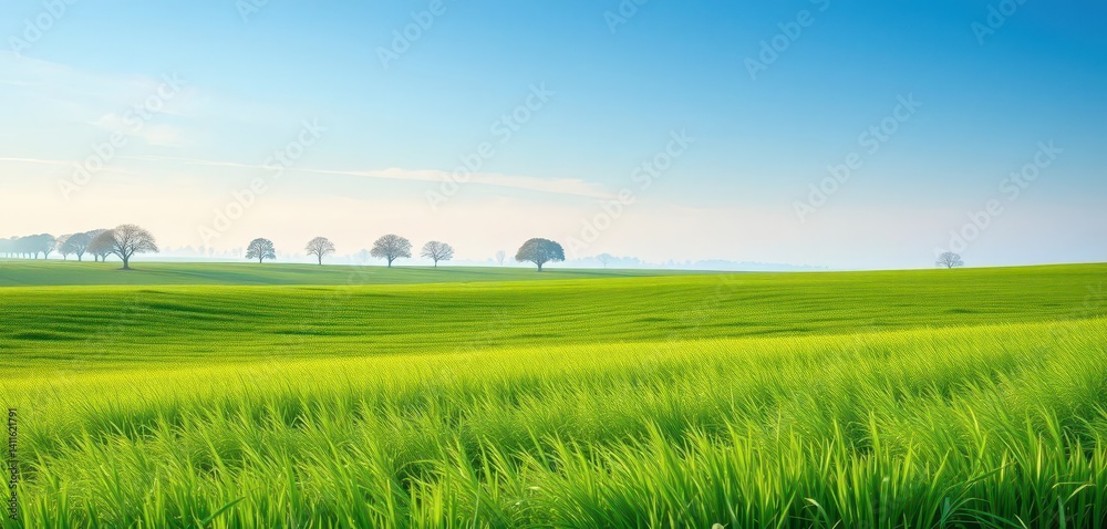 Vast emerald meadow, distant trees gently swaying in breeze, grass, clouds, pastoral Vast emerald meadow, distant trees gently swaying in breeze, grass, clouds, pastoral