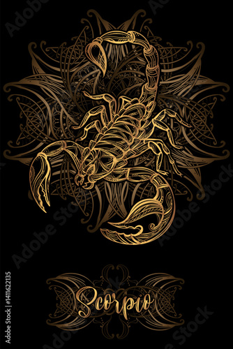 Vector illustration of golden ornamental scorpion with intricate tribal and mandala patterns on black background. Detailed line art in boho and spiritual style