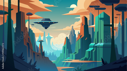 The hum of air taxis echoing through the canyons of towering trees in the futuristic forest city.. Vector illustration