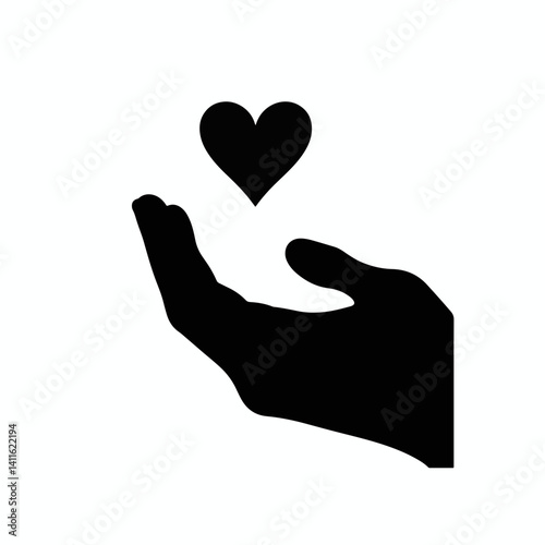 Silhouette of hand holding heart, love and compassion symbolism