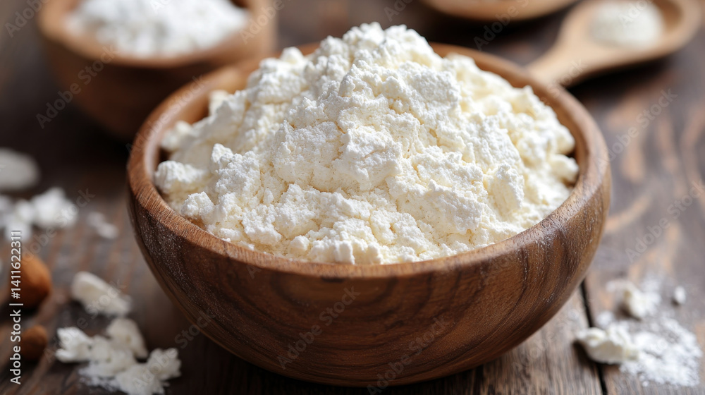 Freshly ground flour in wooden bowl, showcasing its fine texture and natural color, evokes sense of warmth and home baking. Perfect for various culinary creations