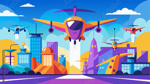 Each eVTOL is painted in a vibrant color adding to the lively atmosphere of the trade center and making them easy to spot in the busy airspace.. Vector illustration