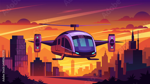 As the sun sets the sky is filled with autonomous air taxis gracefully gliding through the evening sky their bright lights illuminating the city below.. Vector illustration