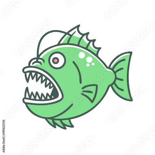 A cartoon illustration of a light green anglerfish with sharp teeth and a bioluminescent lure
