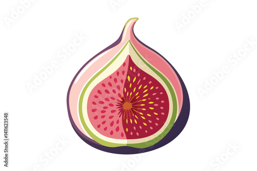 Vector Illustration Of Half Fig Fruit With Seeds Inside On White Background