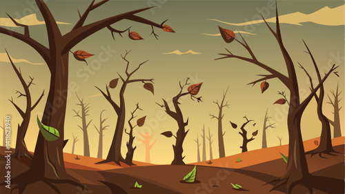 The leafless skeletal frames of the gvines resemble a postapocalyptic wasteland the only hint of life being the few remaining struggling leaves.. Vector illustration