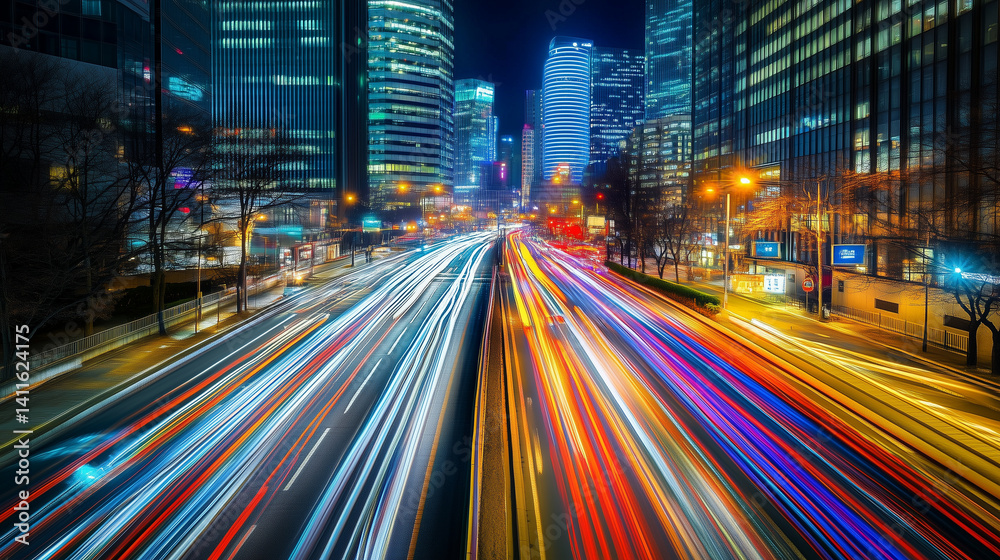 Obraz premium Neon lights dance in the urban night, a vibrant symphony of colors and reflections