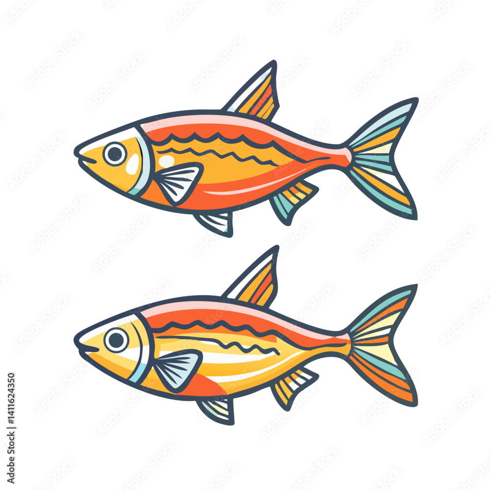 Fototapeta premium Two Colorful Cartoon Fish Swimming Side by Side Illustration Graphic Design