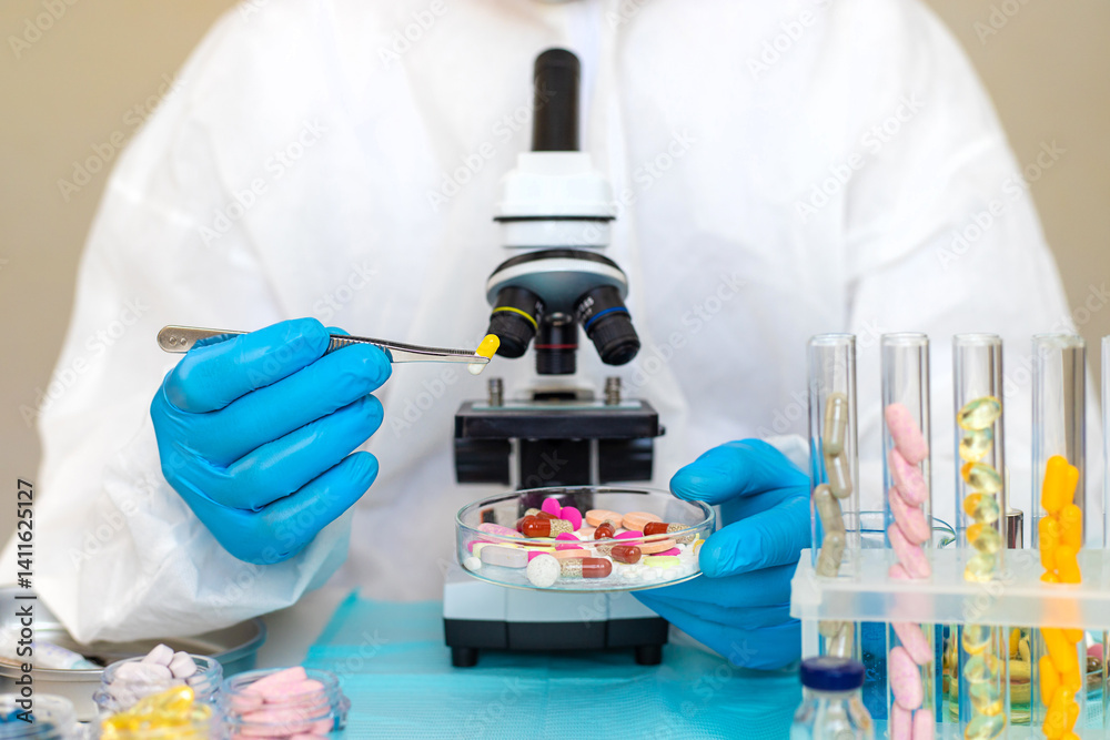 examine drugs in the laboratory. Selective focus. examine drugs in the laboratory. Selective focus.