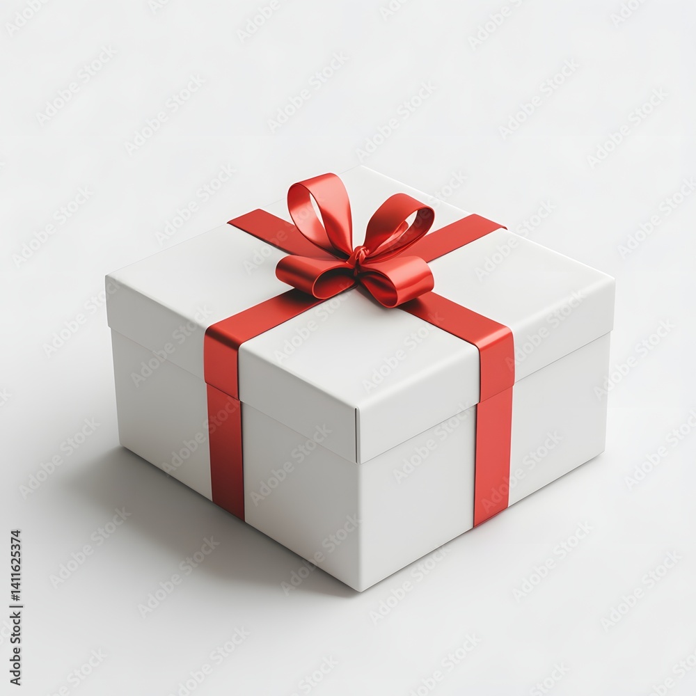 Fototapeta premium A pristine white gift box, elegantly wrapped with a vibrant red ribbon, evokes feelings of anticipation and celebration. It is a symbol of thoughtfulness and the joy of giving and receiving.