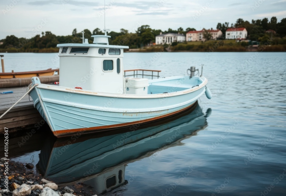 Fototapeta premium Small light blue fishing boat moored at a tranquil waterfront dock near houses