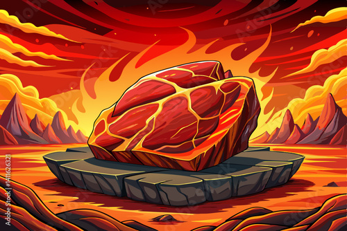 Medium Rare Ribeye steak with fire on on rock stage studio area, cartoon design illustration vector