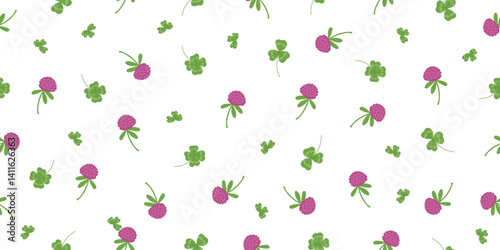 Gardening, spring and nature concept seamless pattern. Nature floral background of clover leaves and pink flowers isolated on white background. Cover crop concept. Vector hand drawn banner.