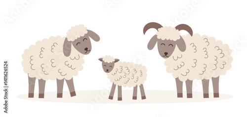 Sheep cliparts isolated on white background. Farming, animals, livestock concept. Vector flat illustration of sheep family.