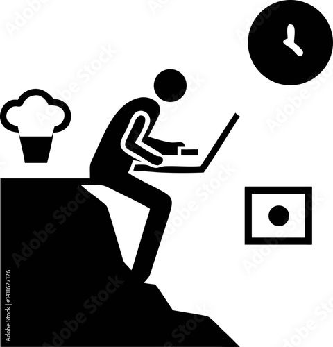 person sitting on cliff edge working on laptop, with clock and potted plant nearby, symbolizes remote work and time management. minimalist design emphasizes focus and solitude