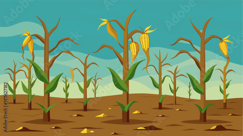 The corn stalks stood lifeless their once golden cobs now shriveled and parched a symbol of the harshness of the land.. Vector illustration