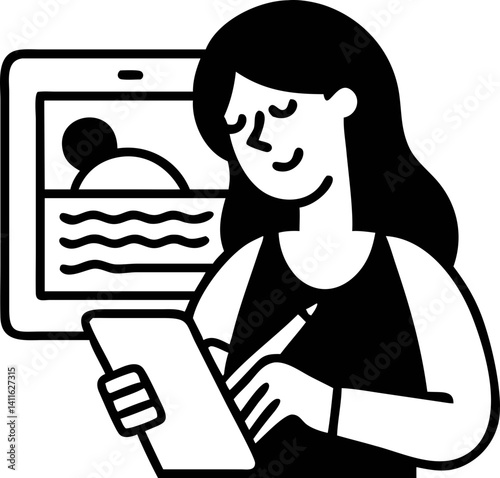 person is happily using digital tablet with stylus, while tablet in background displays image of landscape with sun and waves. scene suggests creativity and digital art