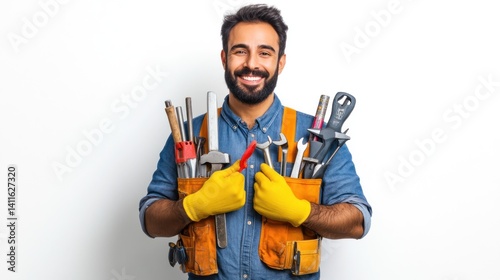 Smiling man holding various tools