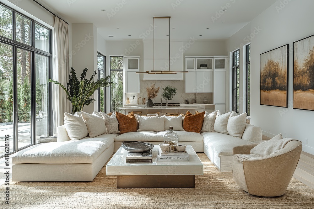 Fototapeta premium Amber and Blackman-style living room with soft beige furniture, brass chandelier, glass coffee table, and modern seating, captured in bright natural light.