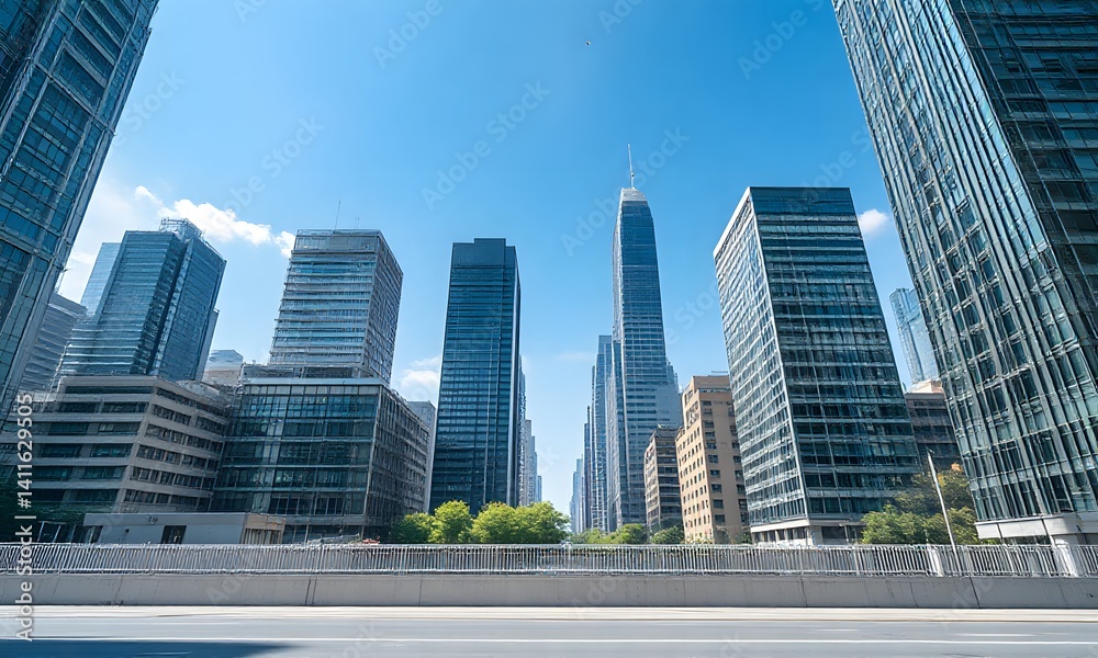 High rise buildings on street with trees in city. High rise buildings on street with trees in city.
