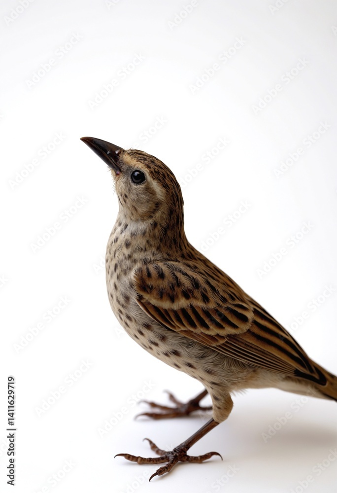 Fototapeta premium Small Brown Sparrow Standing on White Background Looking Upward