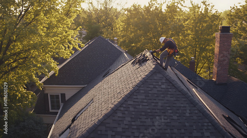 Roofing crew replacing old shingles on a residential home. Featuring roofing and roof repairs