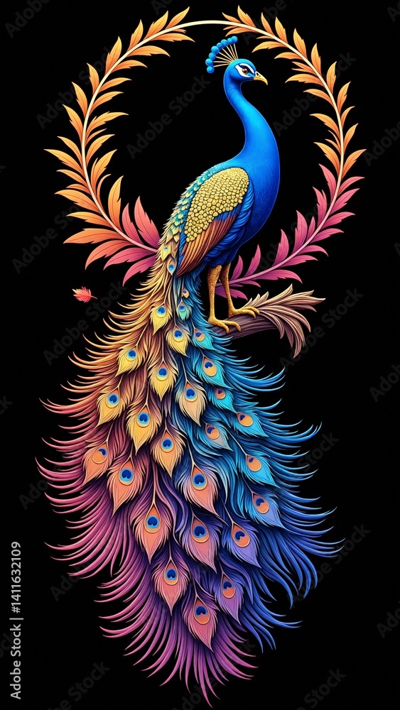 Fototapeta premium Majestic peacock silhouette with vibrant colors and elegant feathers, showcasing beauty and grace in stunning design