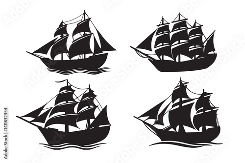 Silhouette of boats and ship vector icon set illustration isolated on white background.
