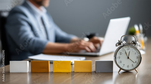 Deadline Countdown: An artistic close-up captures the urgency of time in the office, juxtaposing a focused individual with a classic alarm clock, while wooden blocks represent the phases of a project.