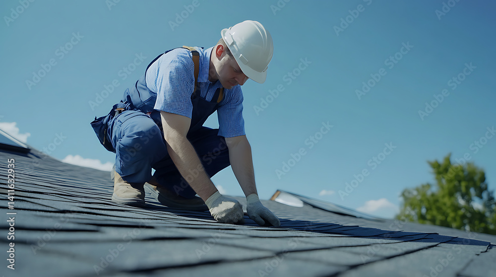 Roofing technician inspecting a rooftop for damage. Featuring roof maintenance Roofing technician inspecting a rooftop for damage. Featuring roof maintenance