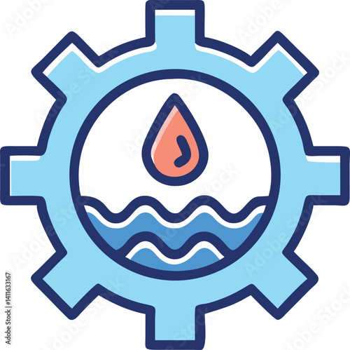 Water Management Icon with Fluid Drop, Waves, and Light Blue Gear Symbol
