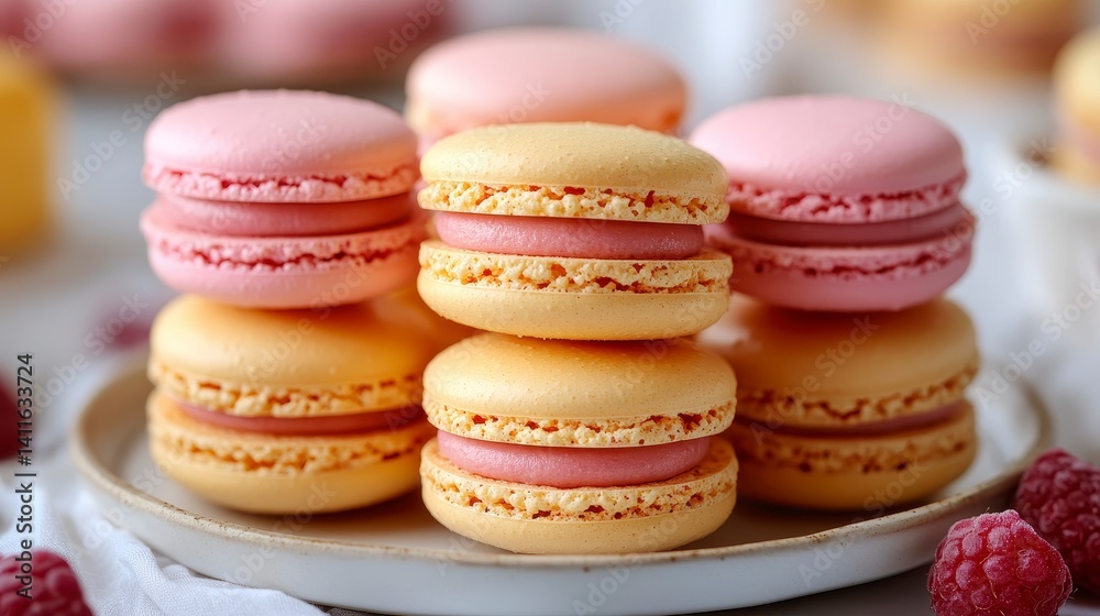 Colorful French Macarons on a Plate with Raspberries in Soft Light Colorful French Macarons on a Plate with Raspberries in Soft Light