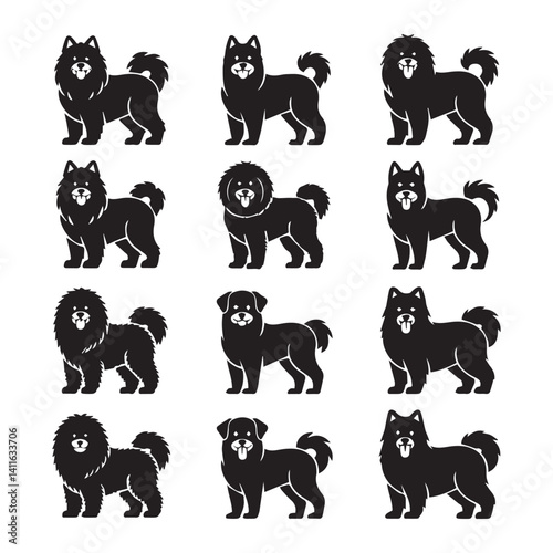 12 Black Vector Silhouettes of Fluffy Dogs Collection
