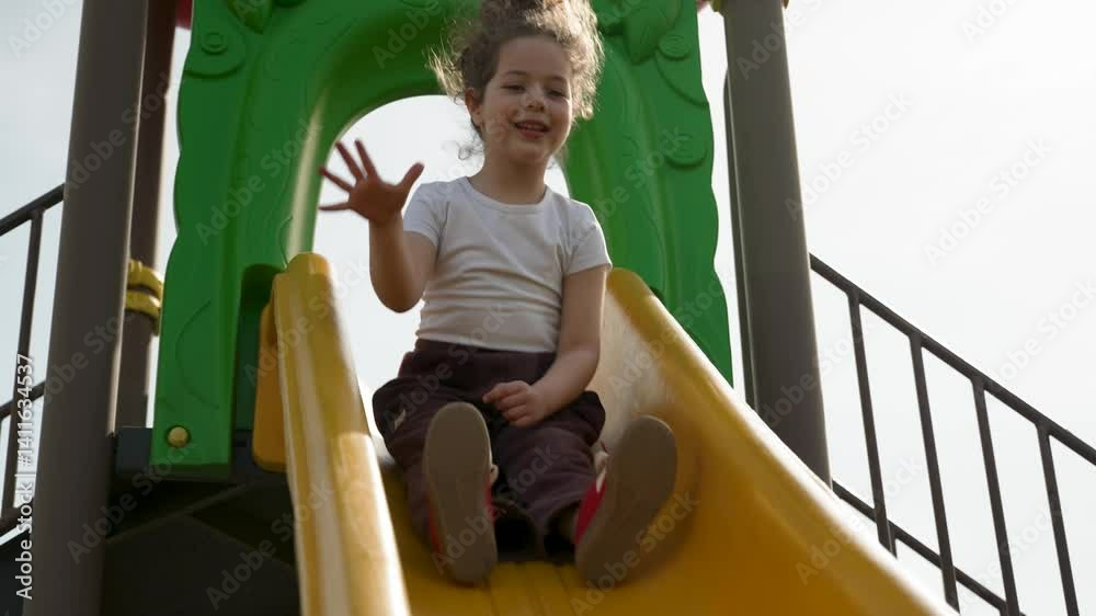 A cheerful toddler slides down a yellow slide at a playground, looking happy and enjoying the ride