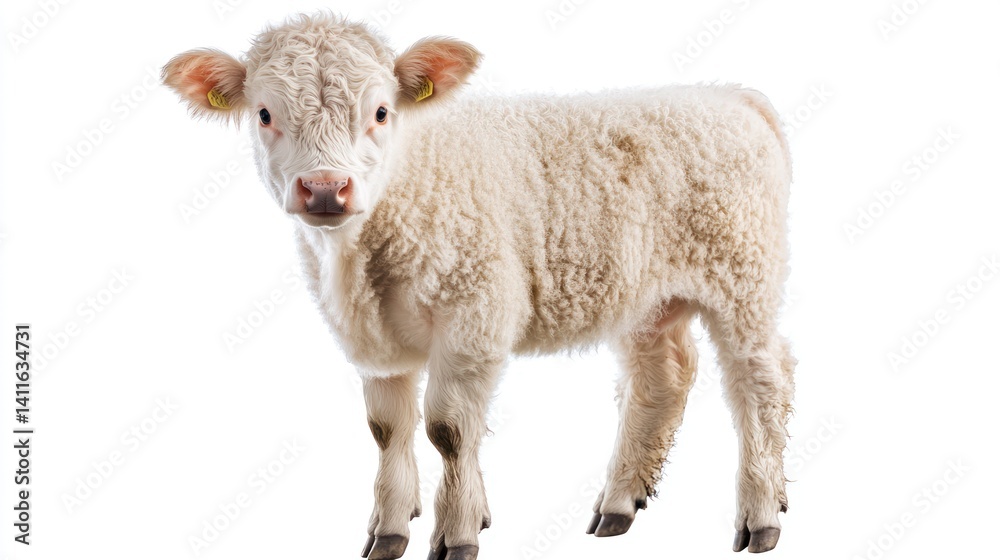 Fototapeta premium A young white calf standing alone against a white background