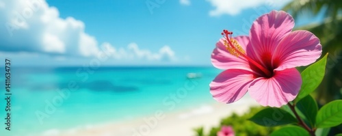 Wallpaper Mural Delicate pink hibiscus against vivid blue ocean and beach , pink, bright Torontodigital.ca