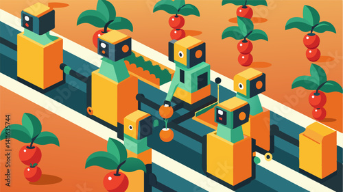 Rows of robotic fruit pickers line up in an organized manner each with a specific task to contribute to the efficient harvest process.. Vector illustration