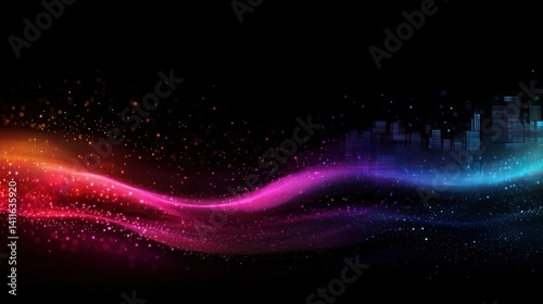 Abstract colorful waves over cityscape background