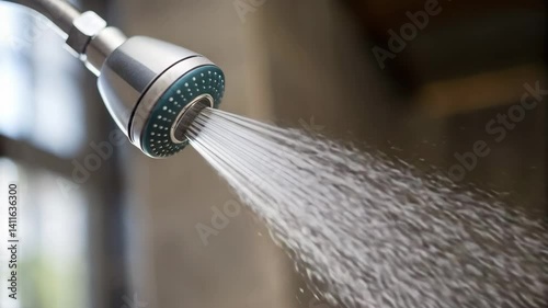 Low impact concept. A sleek showerhead releases a fine spray of water, creating a refreshing cascade in a softly-lit environment.