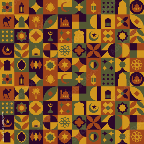 Geometric style colorful Islamic Ramadan Kareem banner, poster design, pattern and geometrical background. Mosque, moon, dome and lanterns. Minimalistic illustrations