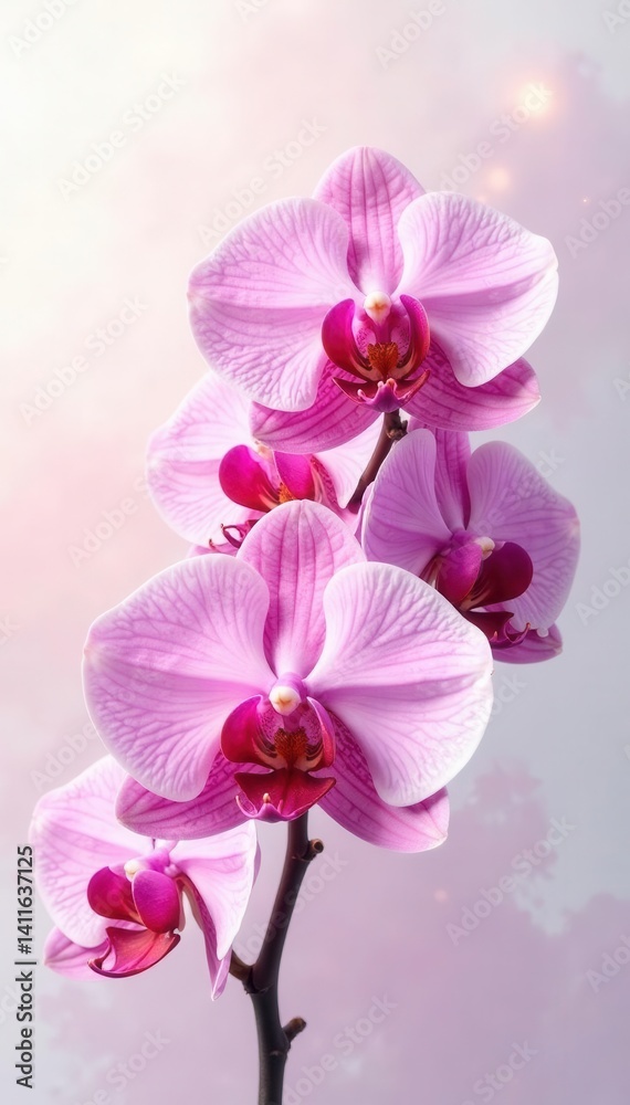Fototapeta premium Delicate pink orchid branch, watercolor wash background, pretty, stem, elegant
