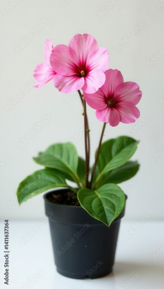 Naklejka premium Delicate pink primrose, black pot, clean white backdrop Home d?cor , white background, black pot, isolated