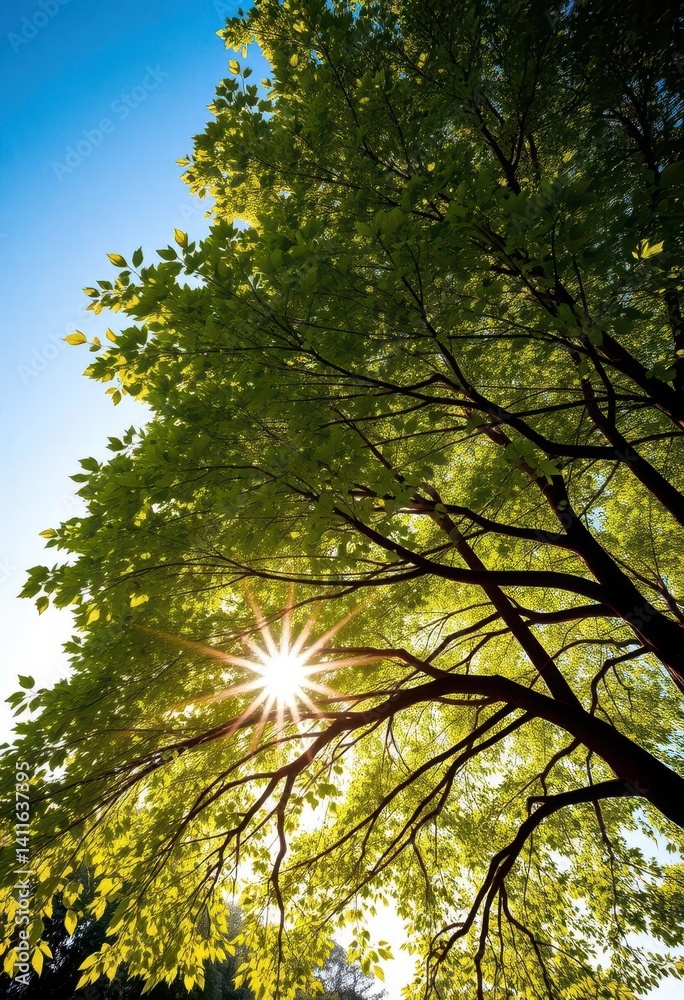 Obraz premium Sunlight dapples leaves of a majestic tree, creating a leafy archway reaching towards the sky, image, element